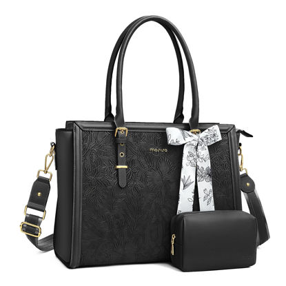 Picture of MOSISO Laptop Bag for Women, 17-17.3 inch PU Leather Tote Bag Compatible with MacBook, HP, Dell, Asus Notebook, Front Embossed Retro Hibiscus Computer Bag with Silk Scarf&Clutch Purse, Black
