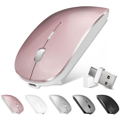 Picture of Normdecos Bluetooth Wireless Mouse for MacBook Air Mac Pro Laptop PC Pad Optical Rechargeable Silent Mouse with Dual Mode Switch Mouse Bluetooth 5.2/3.0 and 2.4G USB-A & USB-C Receiver Rose Gold