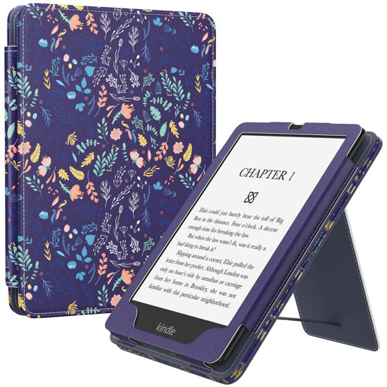 Picture of MoKo Case for 7"/6.8" Kindle Paperwhite(12th/11th Generation-2024/2021) and Kindle Colorsoft Signature Edition, Slim PU Shell Cover Case with Auto-Wake/Sleep for Kindle Paperwhite 2024,Flowers on Blue