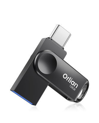 Picture of Orlian 128GB USB C Flash Drive, Dual Drive USB 3.0 and Type C Thumb Drive Up to 110MB/s Read Metal Waterproof Swivel Design Portable for PC Laptop Tablet Android Smartphone iPhone 15 and More, Black