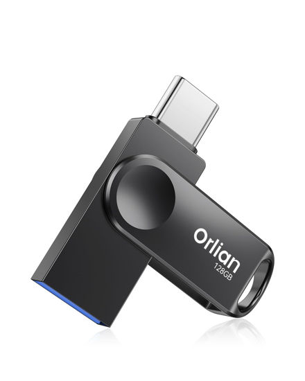 Picture of Orlian 128GB USB C Flash Drive, Dual Drive USB 3.0 and Type C Thumb Drive Up to 110MB/s Read Metal Waterproof Swivel Design Portable for PC Laptop Tablet Android Smartphone iPhone 15 and More, Black