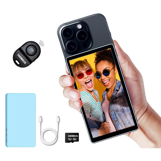 Picture of Shimbol Snambol CP5 5" Touch Screen Rear Camera Selfie Monitor Alloy Shell 1080P iPhone Mini Monitors for iPhone Android Phone Vlogging with Magnetic Blue Silicone Case, Bluetooth Remote