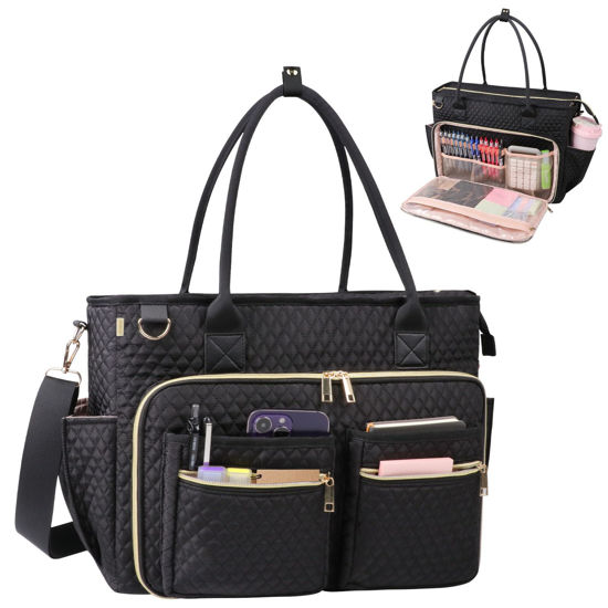 Picture of SIYNPAV Teacher Tote Bag with 15.6 inch Laptop Compartment, Large Work Tote Bag with Insulated Pocket, Quilted Nylon Teacher Utility Bag with Shoulder Strap for Office Supplies Organizer Women (Black)