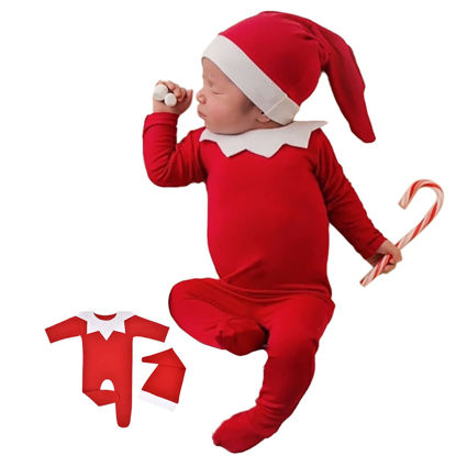 Picture of ForBaysy Newborn Baby Christmas Photo Props Outfit Infant Boys Girl Photoshoot Costume Red jumpsuit With Xmas Hat