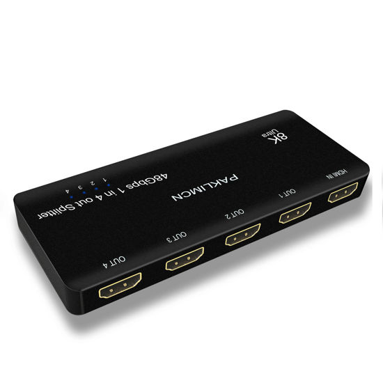 Picture of 8K HDMI Splitter 1 in 4 out 4K 120Hz, HDMI Duplicator Adapter 1 to 4 Output Simultaneously for 4 Displays, Support Full HD 1080P 3D HDCP 1.4 for PS3/4, Blu-Ray DVD Player - Not for Extend (8K 1in4out)