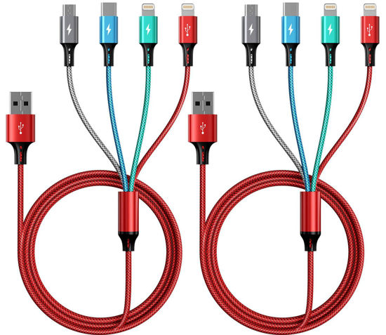 Picture of Multi Charging Cable 3.5A,[2Pack 6Ft] 4 in 1 Braided Multi Charging Cord,Fast Charging Cable,Multi USB Cable Adapter with IP/Type C/Micro USB Port for Cell Phones Samsung Galaxy PS Tablets & More