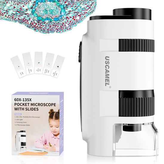 Picture of Pocket Microscope for Kids and Adults - 135x Mini Microscope, Portable Handheld MiniMicroscope with 5 Microscope Slides, Perfect for Microbiological Observation, Preschool Learning Gifts