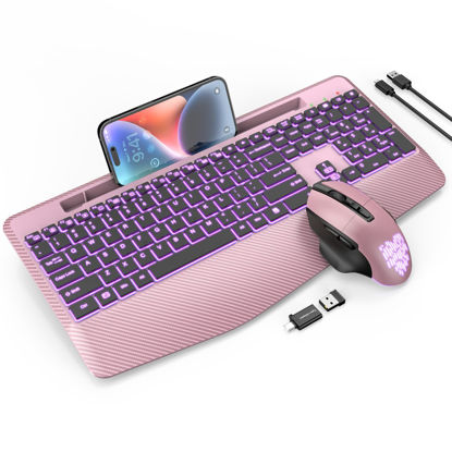 Picture of Wireless Keyboard and Mouse Backlits, Wrist Rest, Jiggler Mouse, Rechargeable Ergonomic Keyboard with Phone Holder, Silent Light Up Combo for Computer, Mac, PC, Laptop, Chromebook (Rose Gold)