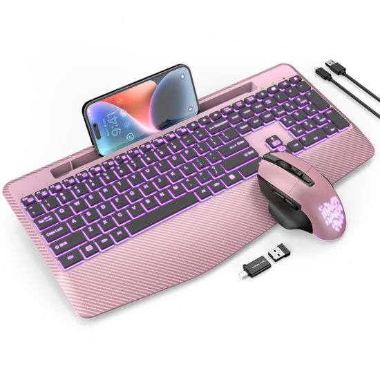 Picture of Wireless Keyboard and Mouse Backlits, Wrist Rest, Jiggler Mouse, Rechargeable Ergonomic Keyboard with Phone Holder, Silent Light Up Combo for Computer, Mac, PC, Laptop, Chromebook (Rose Gold)