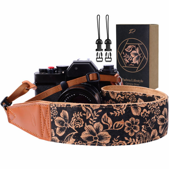 Picture of Padwa Lifestyle Cork Camera Strap - 2" Top Layer Cowhide Head Camera Straps for Photographers,Natural Log Crackle Art Print Style,Soft Chamois Velvet Padded Strap Quick Release fits All Cameras