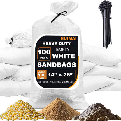 Picture of 100 Pcs Sand Bags for Flooding, Reusable Polypropylene Heavy Duty Sandbags for Flood Barrier, Weight, Construction, Earth Bag Homes, Max Load Capacity 100 lbs - Tie Strings Attached