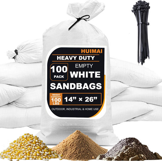 Picture of 100 Pcs Sand Bags for Flooding, Reusable Polypropylene Heavy Duty Sandbags for Flood Barrier, Weight, Construction, Earth Bag Homes, Max Load Capacity 100 lbs - Tie Strings Attached