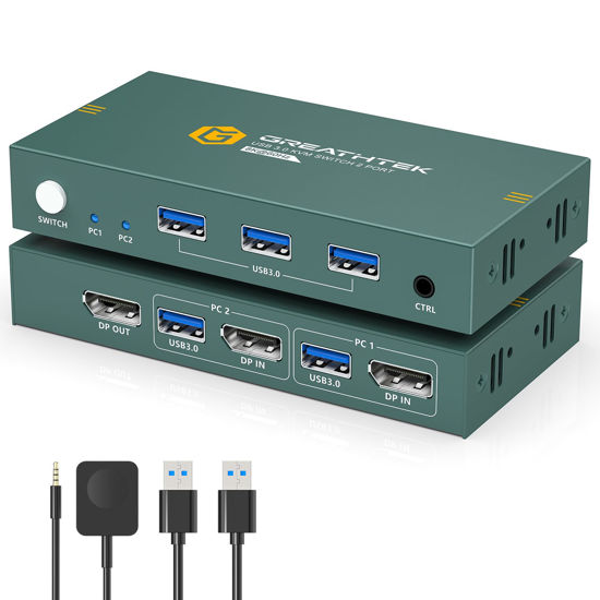 Picture of KVM Switch 1 Monitors 2 Computers Displayport 8K@60Hz, USB3.0 KVM Switch Displayport with 3 USB 3.0 Ports EDID Adaptive Sharing Mouse Keyboard and Monitor Plug and Play