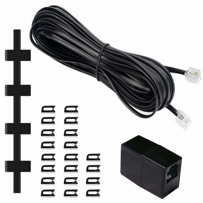 Picture of ohCome Telephone Extension Cord 25 Feet Phone Cable with Standard RJ11 Plug, with 1 in-Line Couplers and 20 Cable Clip Holders - Black