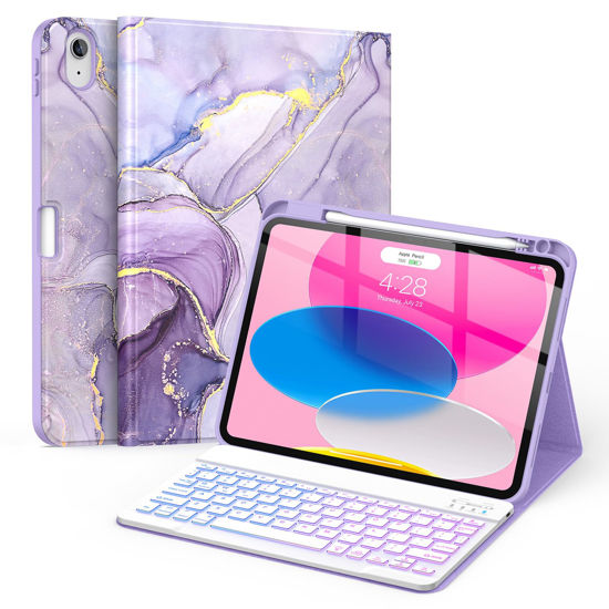 Picture of Soke for iPad 10th Generation Case with Keyboard 10.9 Inch 2022-7 Color Backlight Wireless Detachable Folio Stand Keyboard Cover with Built-in Pencil Holder for iPad 10th Gen, Lilac Marble