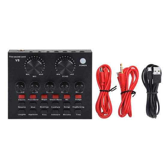 Picture of External Sound Card, USB V8 Live External Sound Mixer Board, Voice Changer Sound Card with Multiple Sound Effects for Live Recording Home KTV Voice Chat
