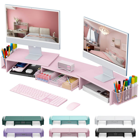 Picture of gianotter Dual Monitor Stand Riser, Desk Organizer With Drawer and 2 Pen Holders, Desk Accessories & Workspace Organizers, Monitor Stand for Desk, Office Decor Essentials (Pink)