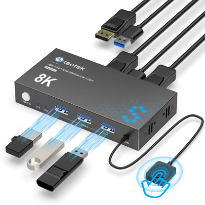 Picture of USB 3.0 Displayport KVM Switch 1 Monitors 2 Computers, with 3 USB 3.0 Hub, 8K@60Hz DP 1.4 Dual Monitor KVM Switch, Wired Remote KVM Switches, Share Keyboard Mouse Printer, EDID,Plug and Play