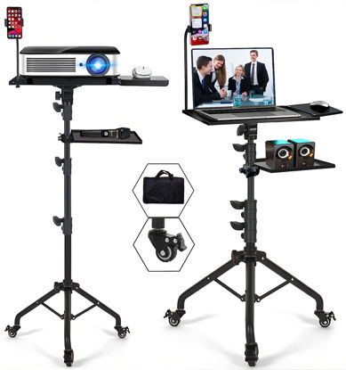 Picture of Asltoy Projector Tripod Stand with Wheels Adjustable Height Laptop Tripod Stand Treadmill Laptop Stand with 2 Shelves Phone Holder Projector Tripod Music Stand Office Home Portable Laptop Floor Stand