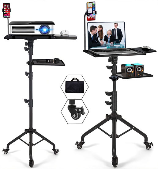 Picture of Asltoy Projector Tripod Stand with Wheels Adjustable Height Laptop Tripod Stand Treadmill Laptop Stand with 2 Shelves Phone Holder Projector Tripod Music Stand Office Home Portable Laptop Floor Stand