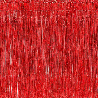 Picture of 2 Pcs 3.2ft x 8.2ft Shiny Red Metallic Tinsel Foil Fringe Curtains Photo Booth Backdrop for Birthday Wedding Holiday Celebration Bachelorette Party Decorations (Red)