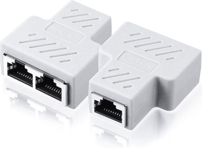 Picture of VizGiz 2 Pack RJ45 Splitter 1 to 2 Port T Adapter Female Socket Ethernet Connector Dual Ways Plug Modular Hub Switcher for Network Cat5 Cat6 Cat7 LAN Cable Computer PC Router POE IP Camera TV Box