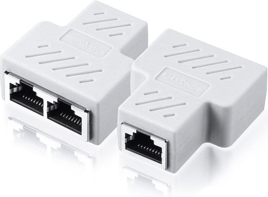 Picture of VizGiz 2 Pack RJ45 Splitter 1 to 2 Port T Adapter Female Socket Ethernet Connector Dual Ways Plug Modular Hub Switcher for Network Cat5 Cat6 Cat7 LAN Cable Computer PC Router POE IP Camera TV Box