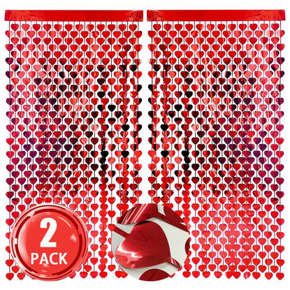 Picture of AIBIIN 2 Pack of 3.3x6.6ft Valentines Day Red Heart Foil Fringe Curtain Heart Door Curtain Streamers Backdrop Curtains for Birthday Wedding Bachelorette Party Decorations Photo Shoot Props
