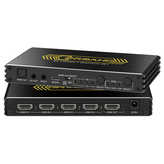 Picture of CORSAHD 4K@120Hz HDMI 2.1 Switch 4 in 1 Out with Audio Extractor,48Gbps,HDCP 2.3,HDR 10+,ARC,VRR,ALLM,CEC,IR Remote,Optical SPDIF 5.1Ch,AUX L/R 3.5mm 2.1Ch,HDMI Switcher 4x1,4 Port HDMI Selector