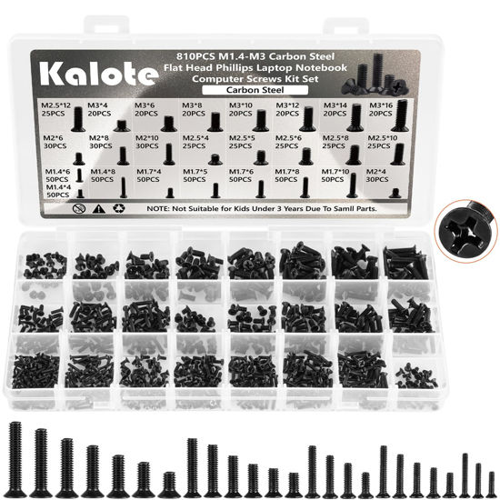 Picture of Laptop Screws Kit, 810Pcs Black Laptop Notebook Computer Replacement Screws Assortment Kit, M1.4 M1.7 M2 M2.5 M3 Carbon Steel Flat Head Phillips Mini Screws Set for Lenovo Toshiba HP IBM Dell Sony