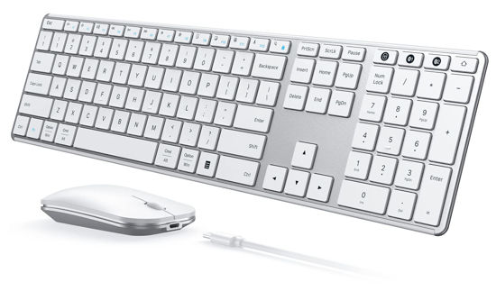 Picture of Wireless Bluetooth Keyboard and Mouse Combo (USB + Dual BT), seenda Multi-Device Rechargeable Slim Keyboard and Mouse, Compatible for Win 7/8/10, MacBook Pro/Air, iPad, Tablet - White Silver