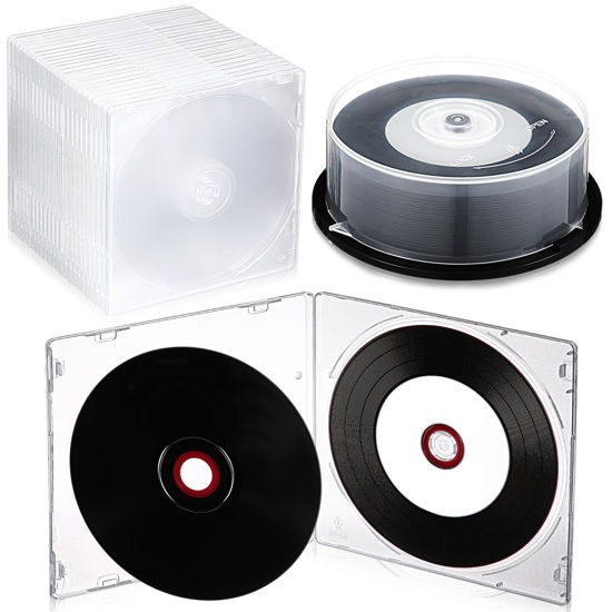 Picture of Singhoow 25 Pcs CD-R Blank Discs with 25 Pcs Clear Jewel Case 700MB 80 Minutes 52X Recordable Blank CD with White Inkjet Printable Center and Black Recording Surface Vinyl CD Disc for Music Data