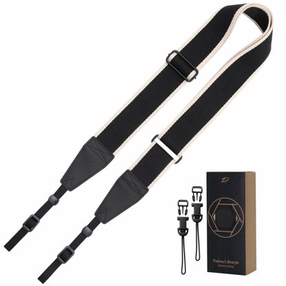 Picture of Padwa Lifestyle Adjustable Camera Strap - 2" Top Layer Cowhide Head Camera Straps for Photographers,Soft Cotton Crossbody Strap with Quick Release fits All Cameras - Black Stripe