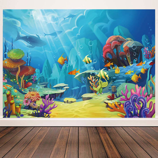 Picture of CHAIYA Under The Sea Backdrop Ocean Little Mermaid Backdrop Background for Under The Sea Theme Baby Shower Photo Booth Banner Party Cake Table Decoration 7x5ft