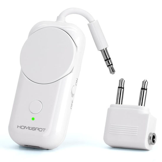 Picture of HomeSpot Bluetooth 5.3 Airplane Adapter, Rotary Volume, aptX Low Latency & Adaptive, 25 Hrs, Use with Any 3.5mm Jack on Airplanes, TVs, Car, Gym, Ideal for AirPods, Headphones and More, White