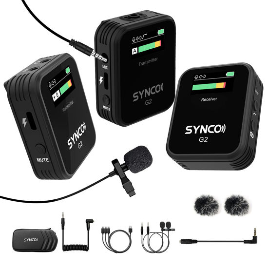 Picture of SYNCO G2(A2) 2.4GHz-Wireless-Lavalier-Microphone TFT Screen with 1 Receiver，2 Transmitter/2 External Lav-Mic,Low Cut Filter Function for DSLR Cameras Camcorders Smartphones and Tablets Recorder…