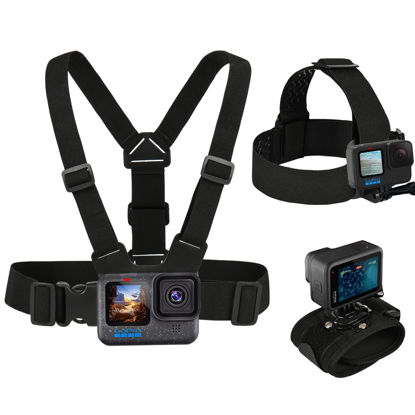Picture of GOLRTRAL 3 in 1 Accessories Set for GoPro Hero 13 12 11 10 9 8 7 6 5 4 3 Black, Chest Mount Harness/Head Strap Mount/ 360°Rotating Wrist Strap, Adjustable Flexible Mount Kit
