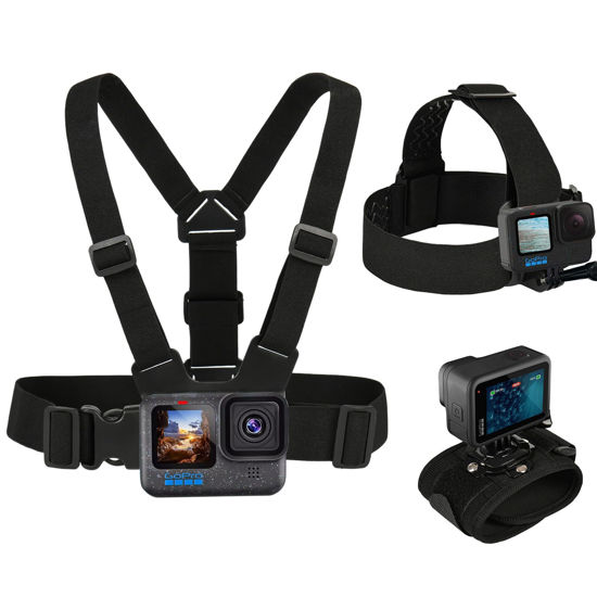 Picture of GOLRTRAL 3 in 1 Accessories Set for GoPro Hero 13 12 11 10 9 8 7 6 5 4 3 Black, Chest Mount Harness/Head Strap Mount/ 360°Rotating Wrist Strap, Adjustable Flexible Mount Kit