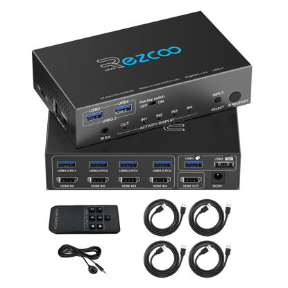 Picture of USB 3.0 KVM Switch HDMI 4 Computer 1 Monitor 4K 60Hz SPDIF L/R Hotkey - Share one Set of Keyboard Mouse Printer,1080p 120Hz 144Hz HDCP Bypass,4X USB3.0 Cable,IR Remote Ext. Windows Mac 41KVMP