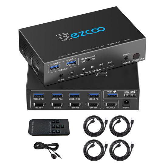Picture of USB 3.0 KVM Switch HDMI 4 Computer 1 Monitor 4K 60Hz SPDIF L/R Hotkey - Share one Set of Keyboard Mouse Printer,1080p 120Hz 144Hz HDCP Bypass,4X USB3.0 Cable,IR Remote Ext. Windows Mac 41KVMP