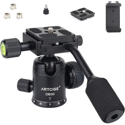 Picture of Ball Head with Handle ARTCISE Camera Tripod Ball Head with Two Quick Release Plates and Phone Clip for Monopod, 360 Degree Panoramic Head for Tripod, Monopod, Slider, DSLR Camera，Max Load 22lb/10kg