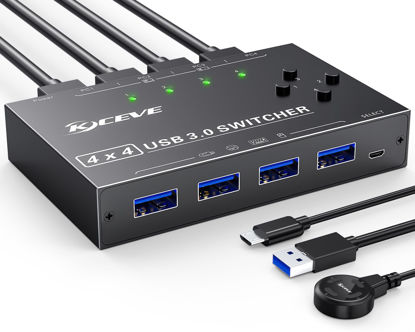 Picture of USB 3.0 Switch 4 Computers,Camgeet 4 Port USB Switch Selector Sharing 4 USB Devices,Keyboard Mouse Switch,USB Switcher Compatible with Mac/Windows/Linux,Wired Remote and 4 USB 3.0 Cable Included