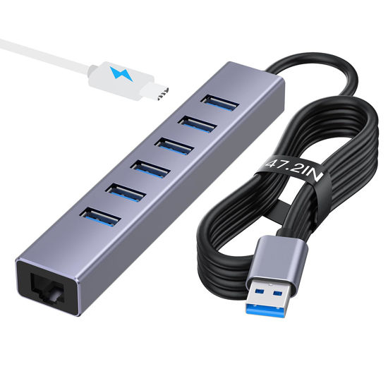 Picture of 7 Ports USB 3.0 Hub, USB to Network HUB with 6 USB 3.0 Data Transmission, Gigabit Ethernet Port and 5V/3A Power Port,USB Aluminum Extension for Laptop, iMac, PC, USB Flash Drives etc