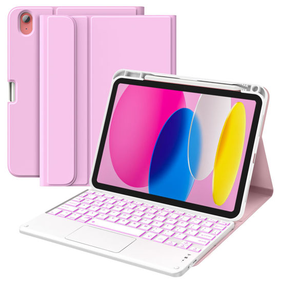 Picture of MoKo iPad 10th Generation Case with Keyboard 10.9 Inch, 7 Colors Backlight & Multi-Touch Trackpad, Detachable Keyboard Folio Stand Cover with Pencil Holder for iPad 10th Gen 2022, Nosegay Pink