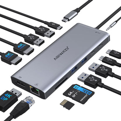 Picture of USB C Docking Station 3 Monitors USB C Hub Laptop Dual Monitor Multiport Adapter Dock Dongle,USB C to 2 HDMI,4K DisplayPort,PD Charging,Ethernet,7 USB C/A Ports,SD/TF,Audio for Dell/HP/Lenovo/Surface