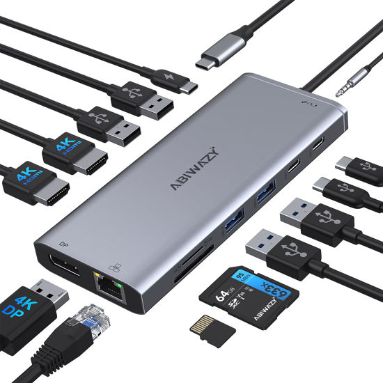 Picture of USB C Docking Station 3 Monitors USB C Hub Laptop Dual Monitor Multiport Adapter Dock Dongle,USB C to 2 HDMI,4K DisplayPort,PD Charging,Ethernet,7 USB C/A Ports,SD/TF,Audio for Dell/HP/Lenovo/Surface