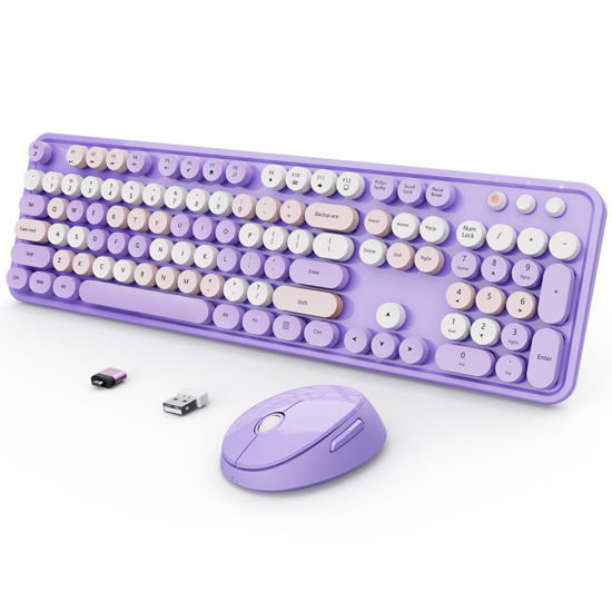 Picture of SkyGive Wireless Keyboard and Mouse Combo, Ergonomic Full Size Typewriter Retro Round Keycaps Keyboard, Compatible with Windows, PC, Perfer for Home and Office Keyboards (Purple
