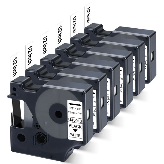 Picture of 6X Replace for Dymo D1 Label Tape 45013 for Dymo Label Maker Refills D1 A45013 S0720530, Work with DYMO LabelManager 160 280 360D 420P 210D PnP Label Maker Tape, 1/2 Inch x 23 Feet, Black on White