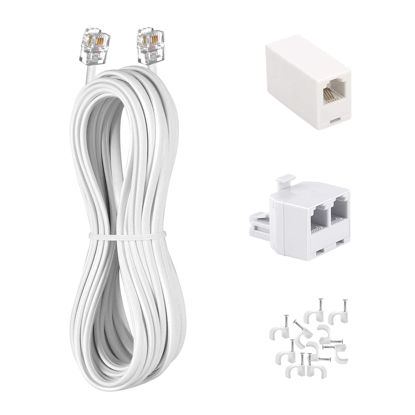 Picture of KINXIYU Phone Cord 6 FT, Landline Telephone Cable with RJ11 Plug, Includes Telephone Inline Coupler RJ11 Splitter and 10pcs Cable Clips(White)