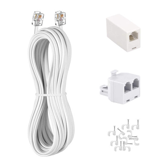 Picture of KINXIYU Phone Cord 6 FT, Landline Telephone Cable with RJ11 Plug, Includes Telephone Inline Coupler RJ11 Splitter and 10pcs Cable Clips(White)